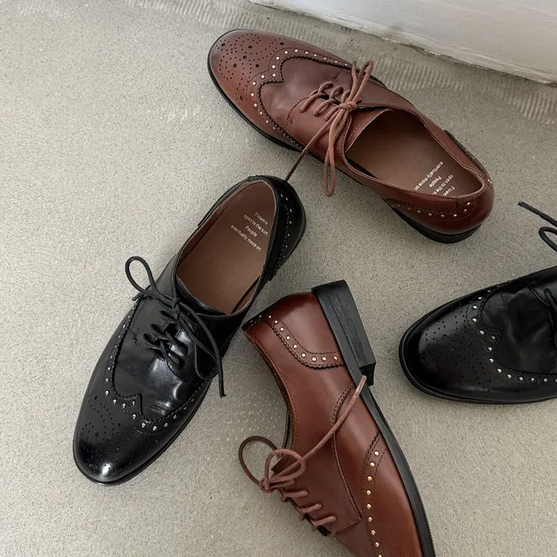 Safety Toe Oxford Shoes Wingtip Oxfords Women's Genuine Leather Lace Up Full Brogues Rivet-embellishment in Black/Brown