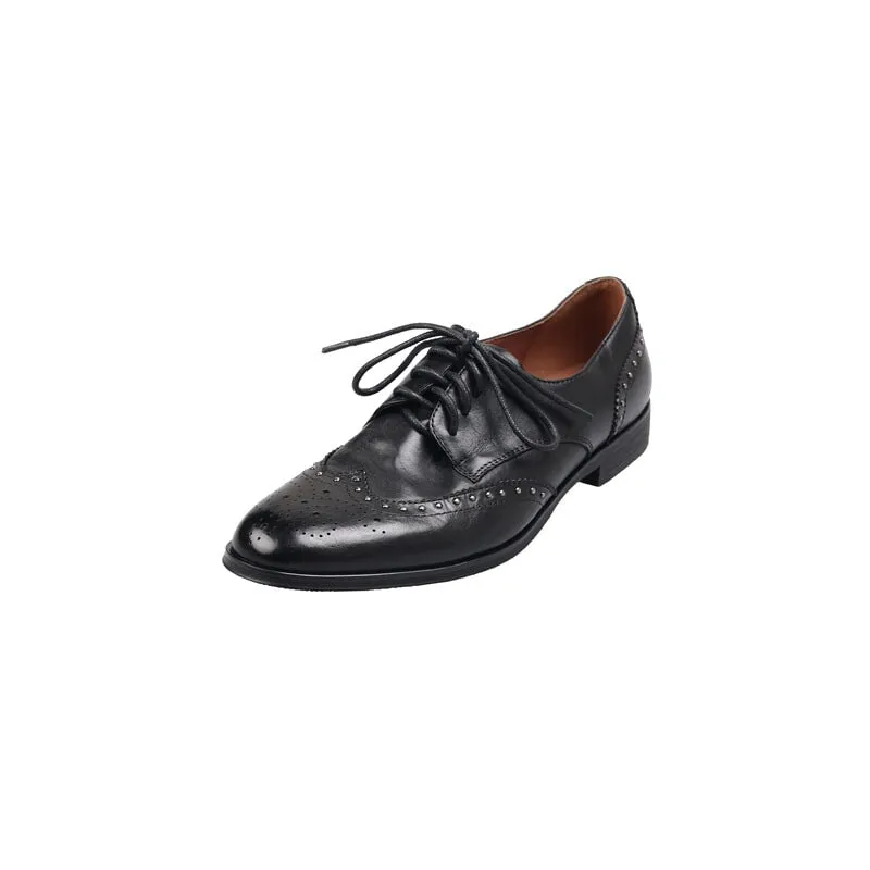 Wingtip Oxfords Women's Genuine Leather Lace Up Full Brogues Rivet-embellishment in Black/Brown Light Pink Oxfords