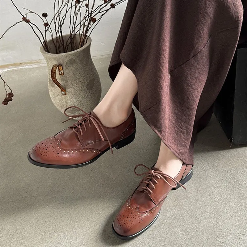 Cabaret Lace Up Platform Oxford Wingtip Oxfords Women's Genuine Leather Lace Up Full Brogues Rivet-embellishment in Black/Brown