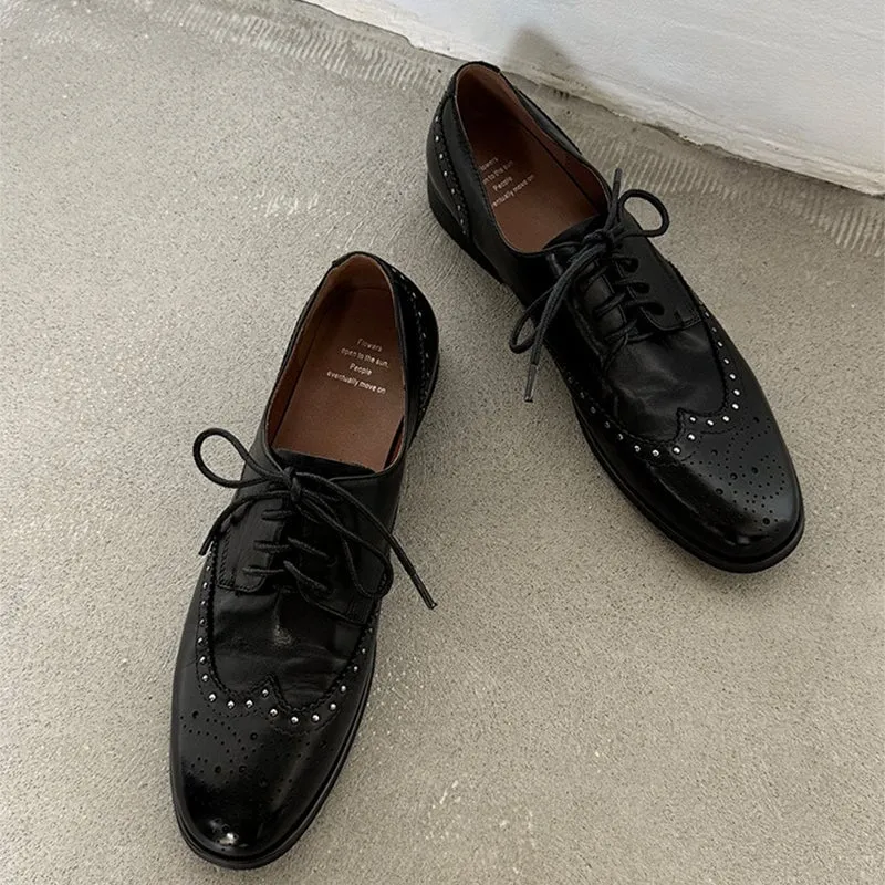 Wingtip Oxfords Women's Genuine Leather Lace Up Full Brogues Rivet-embellishment in Black/Brown Oxford Vs Derby Shoes