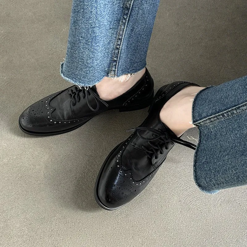 Oxfords Fish And Chips Wingtip Oxfords Women's Genuine Leather Lace Up Full Brogues Rivet-embellishment in Black/Brown