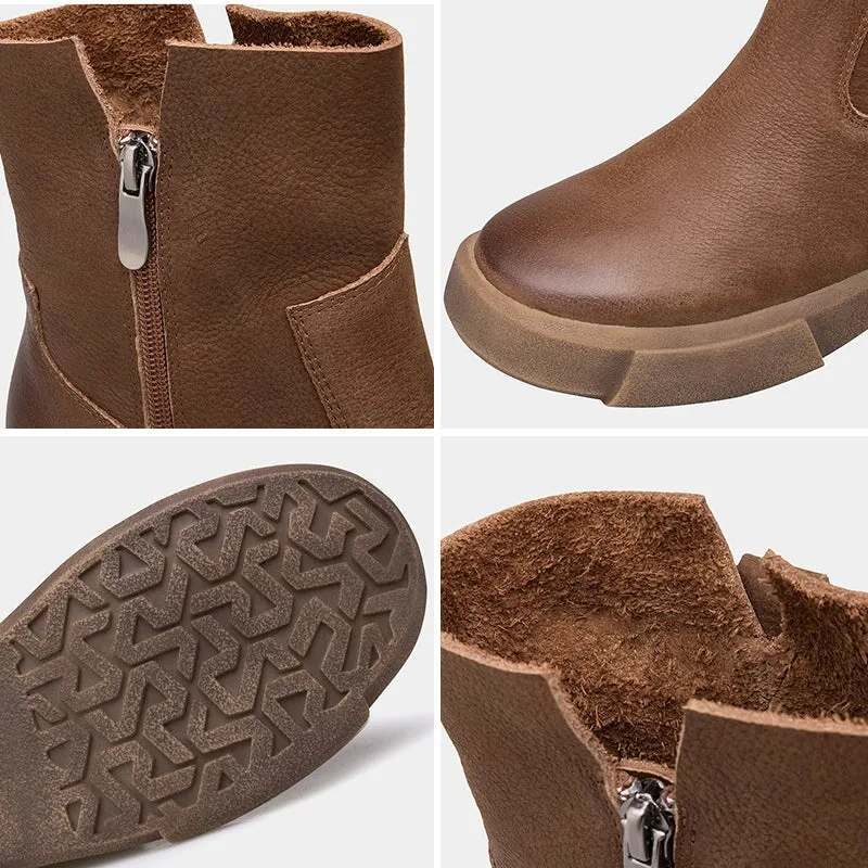 Retro Cowhide Martin Boots Women Comfy Zip Walking Boots Brown/Black Kabuki Oxford