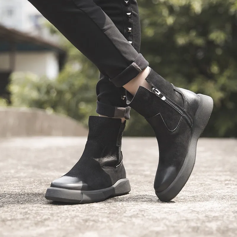 Retro Cowhide Martin Boots Women Comfy Zip Walking Boots Brown/Black Corcoran Oxfords