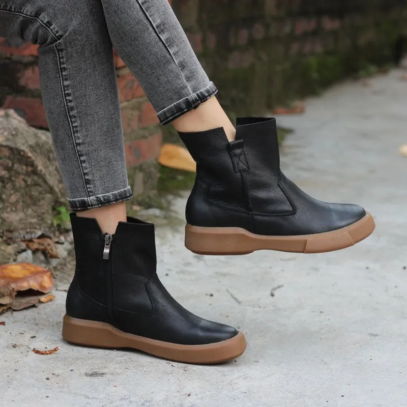 Retro Cowhide Martin Boots Women Comfy Zip Walking Boots Brown/Black Zegna Oxfords