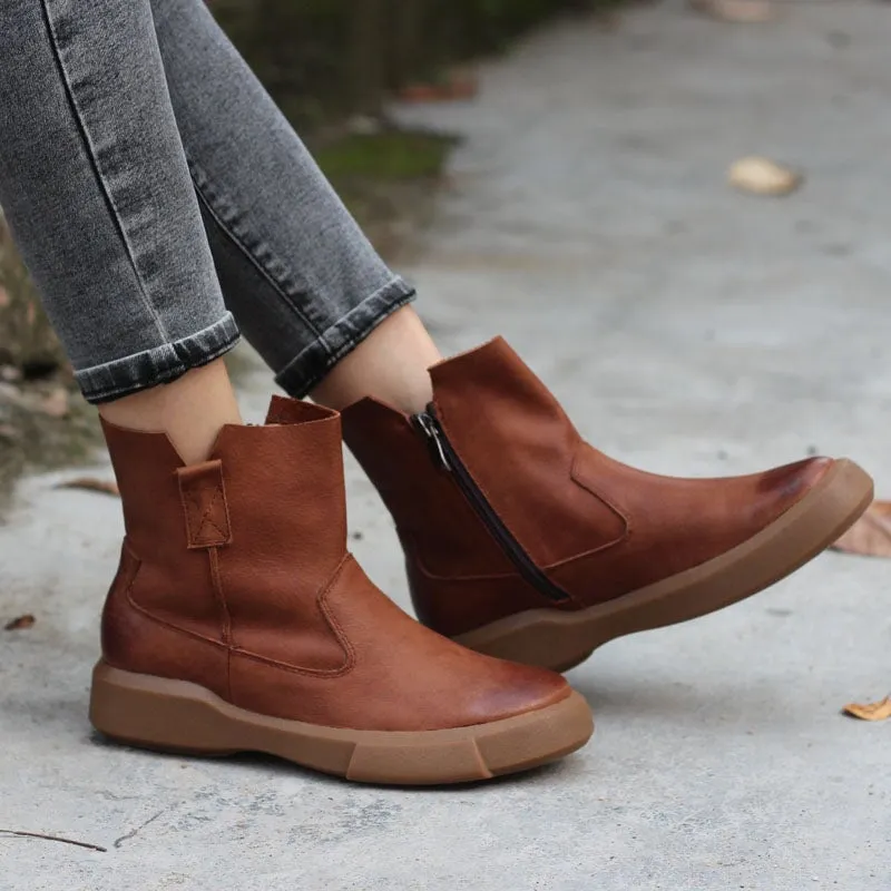 Retro Cowhide Martin Boots Women Comfy Zip Walking Boots Brown/Black Wingtip Oxford Shoes