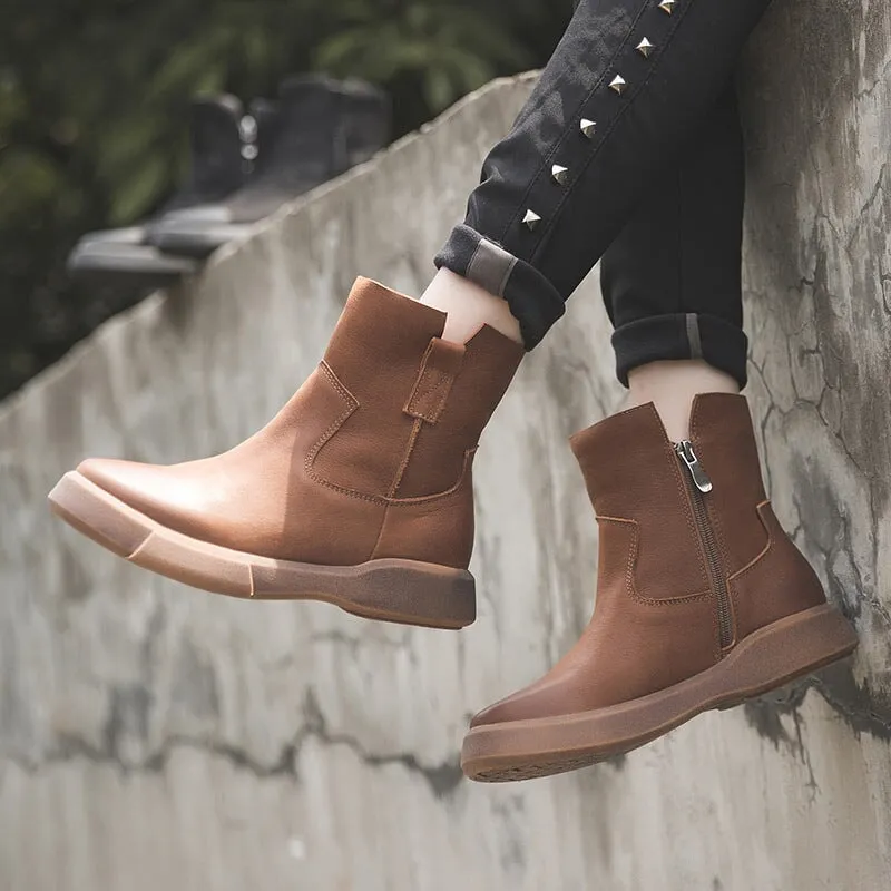 Heritage Oxford Grey Retro Cowhide Martin Boots Women Comfy Zip Walking Boots Brown/Black