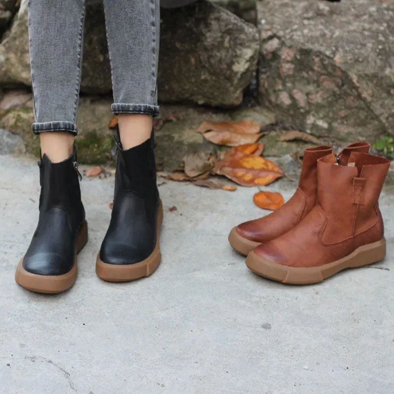 Bethan Oxfords Retro Cowhide Martin Boots Women Comfy Zip Walking Boots Brown/Black