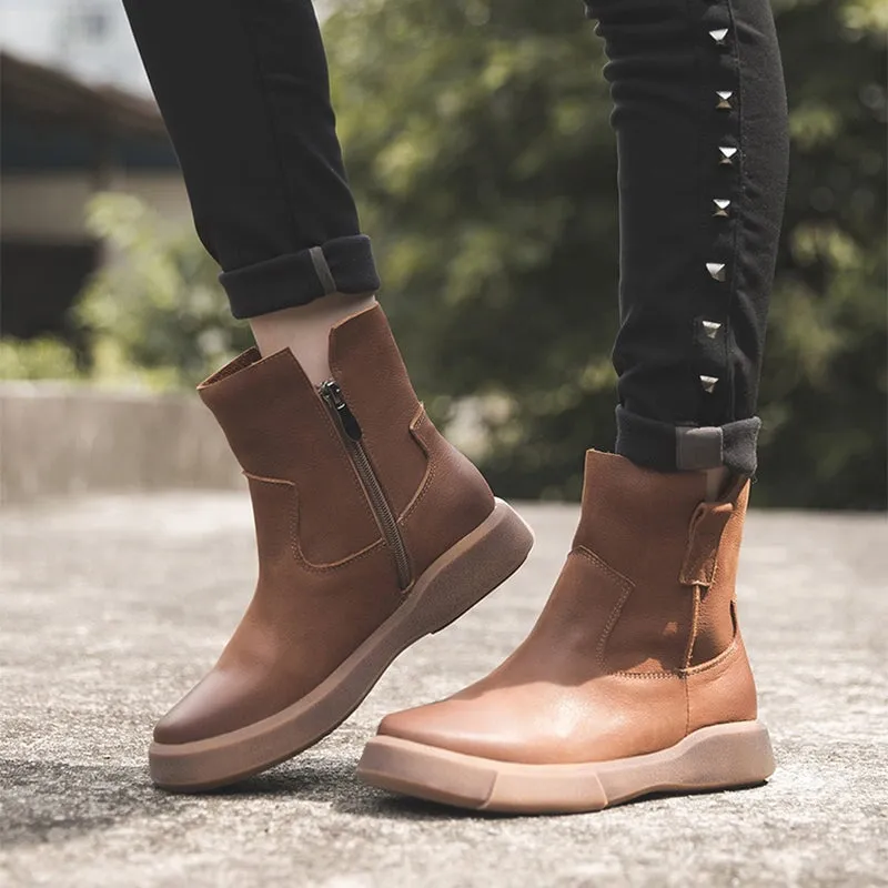 Eastland Oxford Shoes Retro Cowhide Martin Boots Women Comfy Zip Walking Boots Brown/Black