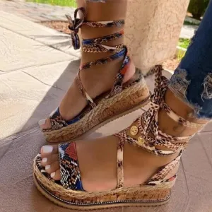 Women Sandals  Summer Snake Wedge Shoes Ethnic Print Fashion Casual Lace Up Women Shoes Beach Ladies Plus Size Shoes Sandals Ross Sandals