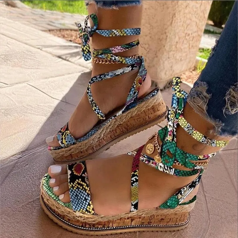 At Dsw Shoes Women Sandals  Summer Snake Wedge Shoes Ethnic Print Fashion Casual Lace Up Women Shoes Beach Ladies Plus Size Shoes Sandals