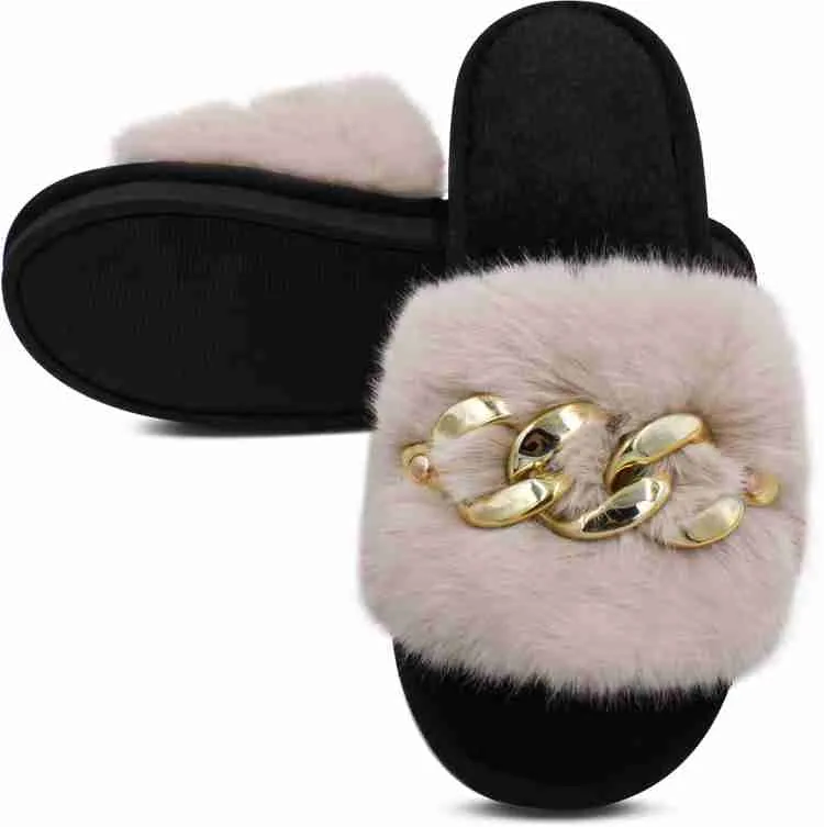 Fur Lined Slippers Women's Black Faux Fur Soft Fuzzy Slippers   B681569
