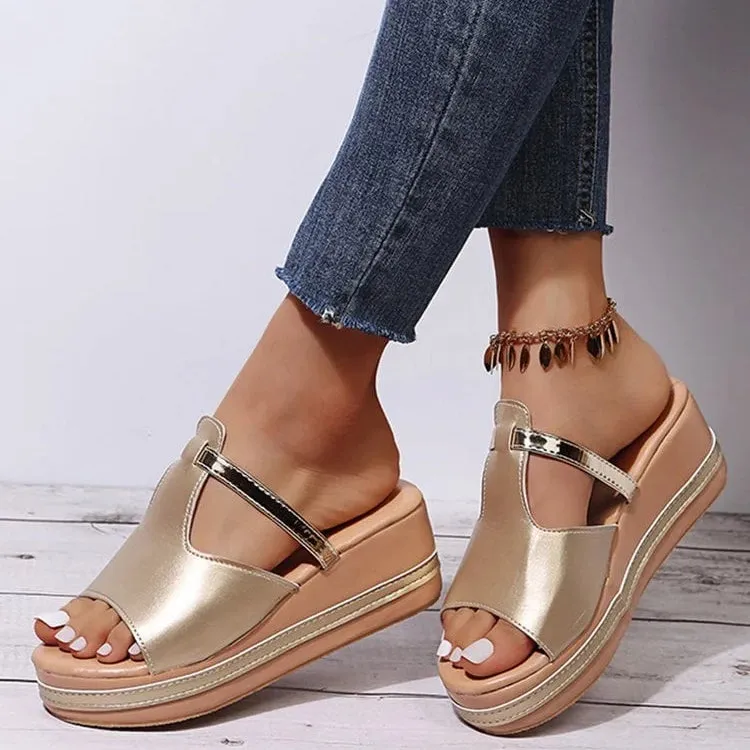 Women's Casual Wedge Platform Leather Orthopedic Sandals Cork Wedge Heel Sandals