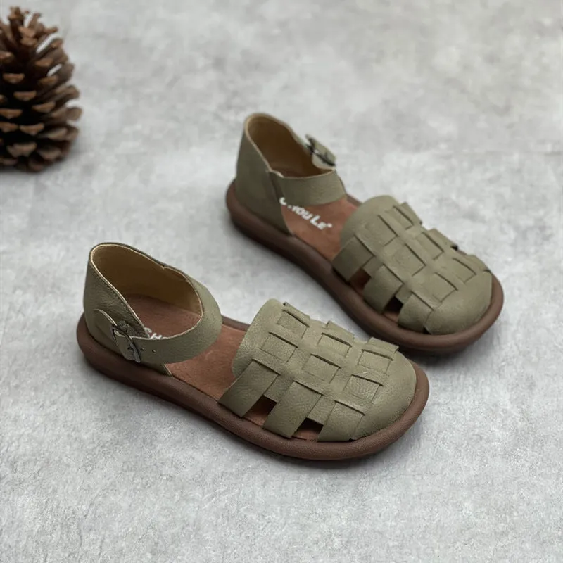 Sandals Dress Women's Closed Toe Handmade Summer Flat Leather Woven Sandals