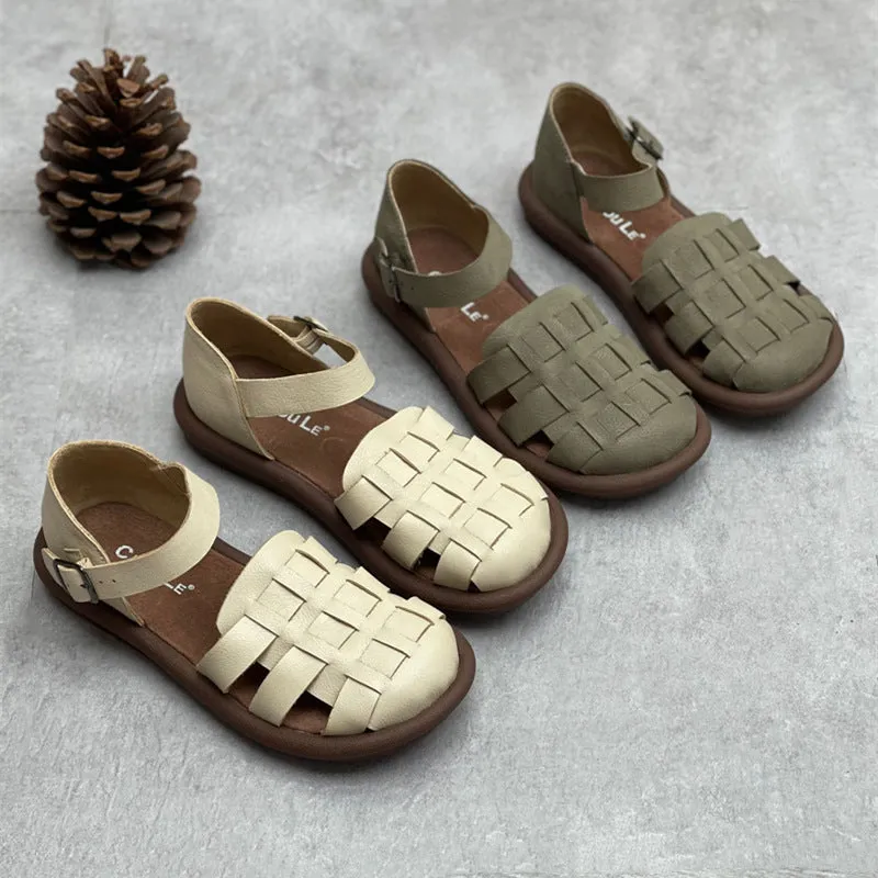 Women's Closed Toe Handmade Summer Flat Leather Woven Sandals Wooden Sandals Japanese