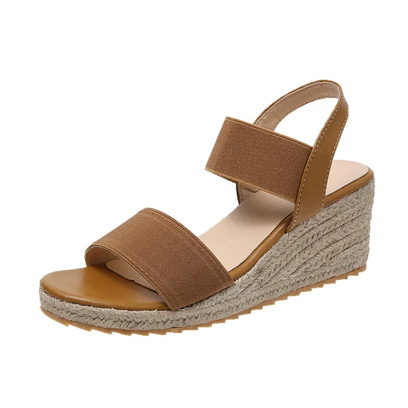 Slingback High Heel Sandals Womens Comfortable Elastic Two Bands Ankle Strap Wedge Sandals