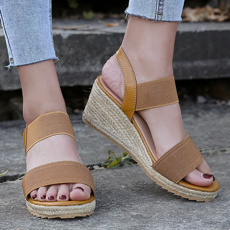 Womens Comfortable Elastic Two Bands Ankle Strap Wedge Sandals Sandals Locations Turk And Caicos