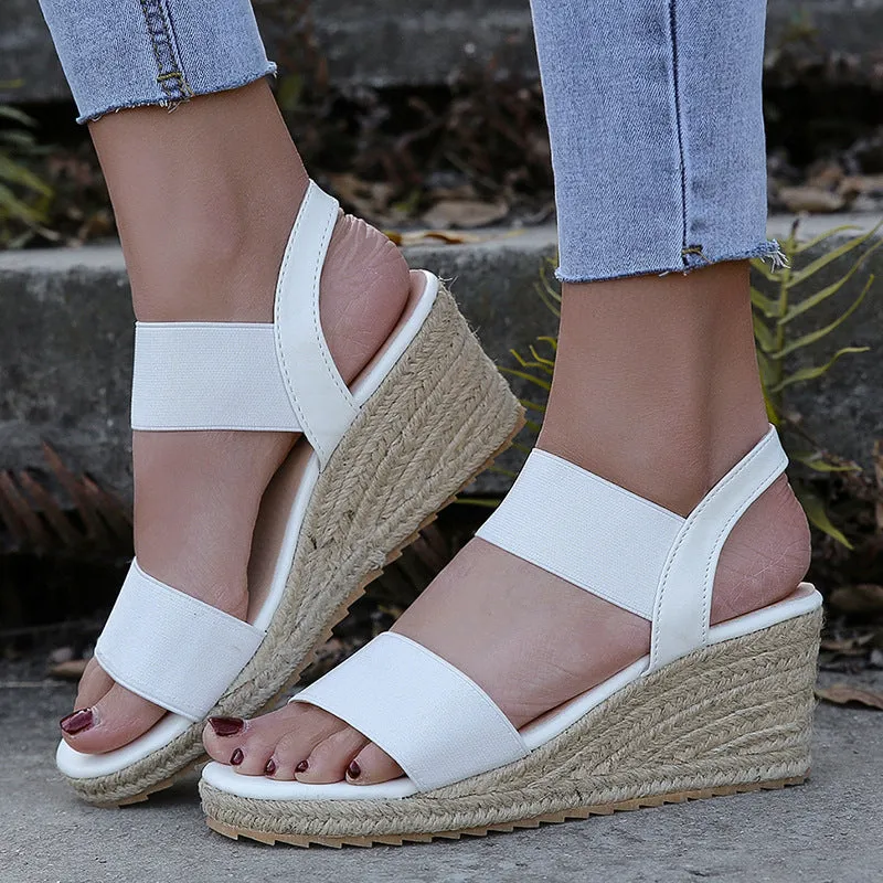 White Dressy Sandals Womens Comfortable Elastic Two Bands Ankle Strap Wedge Sandals