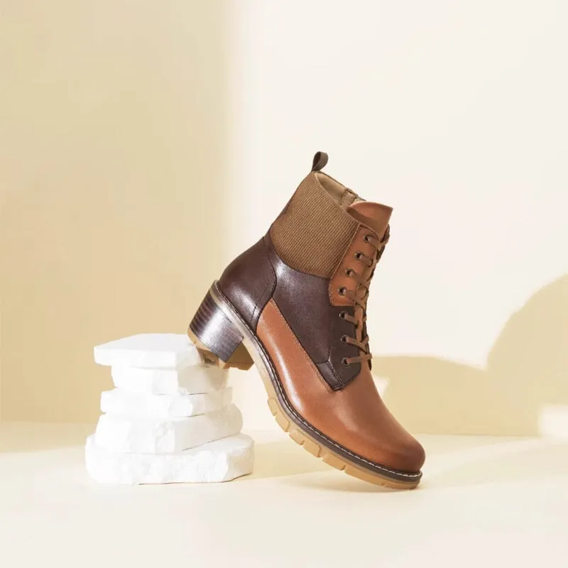 Brogues Vs Oxford Women's Handmade Full Grain Leather 50mm Block Heel Lace-up Ankle Boot in Black/Brown