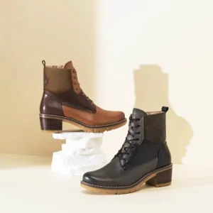 Bass Suede Oxfords Women's Handmade Full Grain Leather 50mm Block Heel Lace-up Ankle Boot in Black/Brown