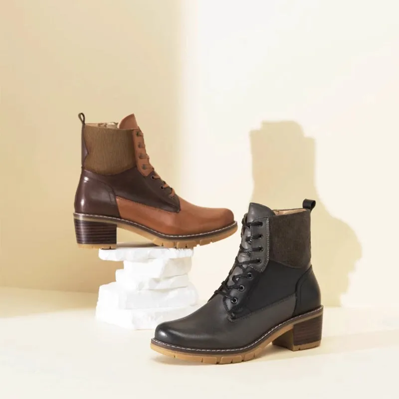 Grand Wing Oxfords Women's Handmade Full Grain Leather 50mm Block Heel Lace-up Ankle Boot in Black/Brown