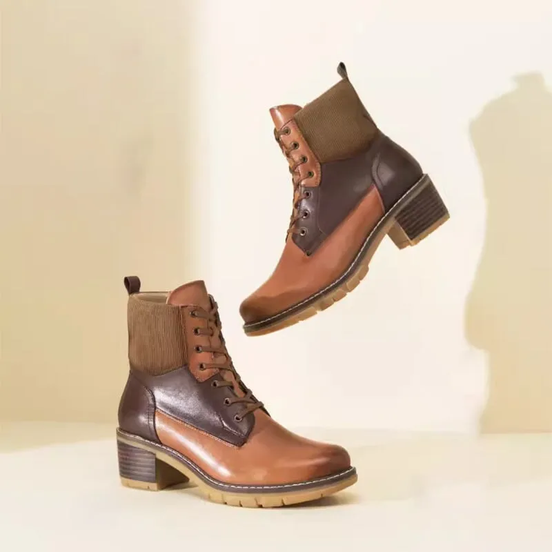 Women's Handmade Full Grain Leather 50mm Block Heel Lace-up Ankle Boot in Black/Brown Classic Oxford Shoes