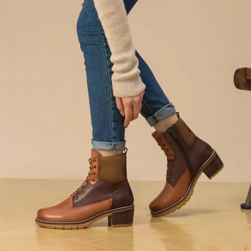 Elegant Oxford Women's Handmade Full Grain Leather 50mm Block Heel Lace-up Ankle Boot in Black/Brown