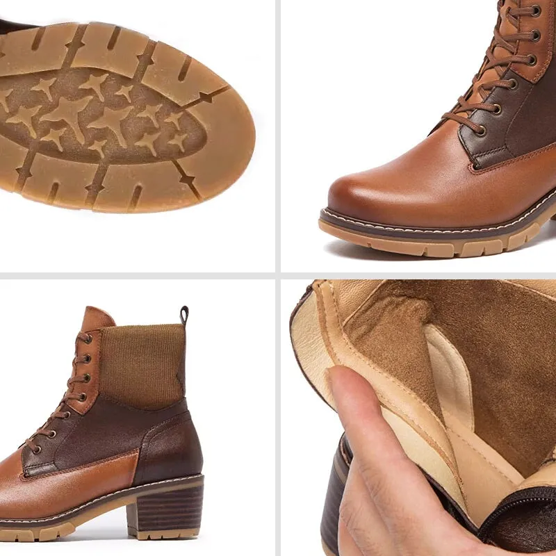 Women's Handmade Full Grain Leather 50mm Block Heel Lace-up Ankle Boot in Black/Brown Work Oxford Shoes