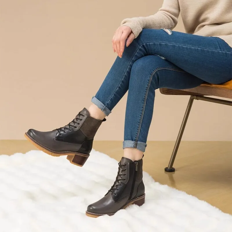 Brogue Vs Oxford Vs Derby Women's Handmade Full Grain Leather 50mm Block Heel Lace-up Ankle Boot in Black/Brown