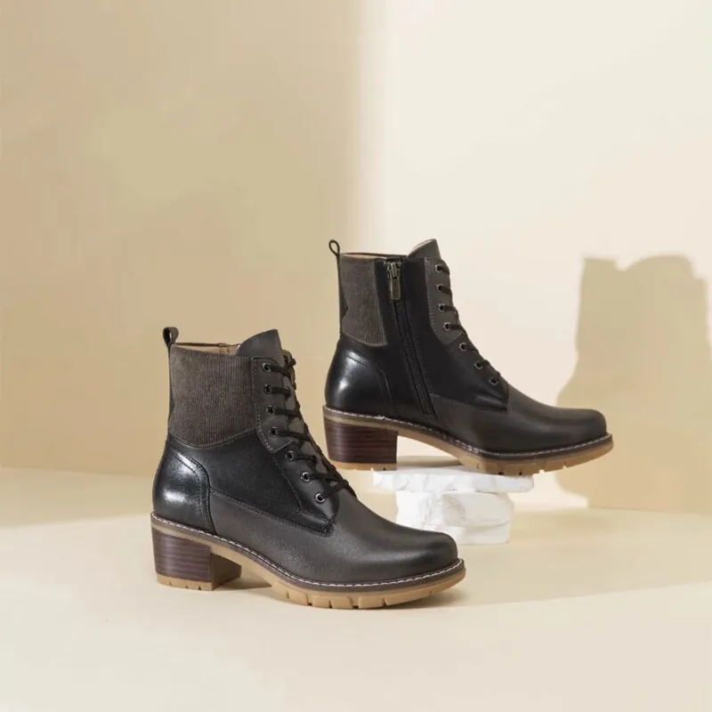 Tobacco Oxfords Women's Handmade Full Grain Leather 50mm Block Heel Lace-up Ankle Boot in Black/Brown