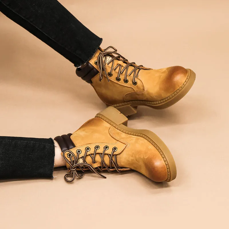 Oxfords Outfit Women's Handmade High Lace-up Boot in Nubuck Calfskin in Light Tan Waterproof