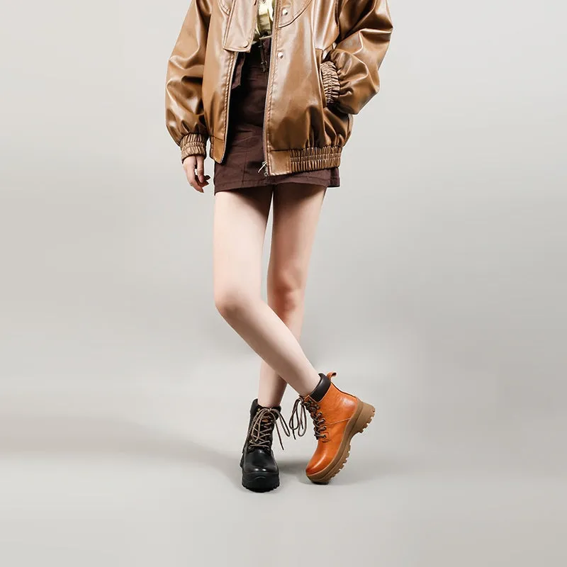 Women's High Top Combat Boots Cowhide Lace-up Ankle Boot in Yellow/Black/Purple Vittorio Plain Toe Oxfords