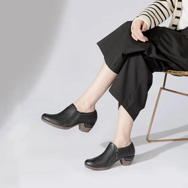 Women's Leather Booties Round Toe Block Heel Ankle Boots Handmade in Black/Gray Cap Toe Oxford Shoes