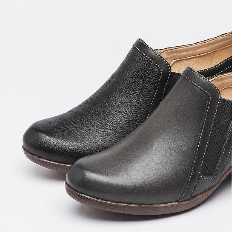 Oxford Leather Shoes Women's Leather Booties Round Toe Block Heel Ankle Boots Handmade in Black/Gray