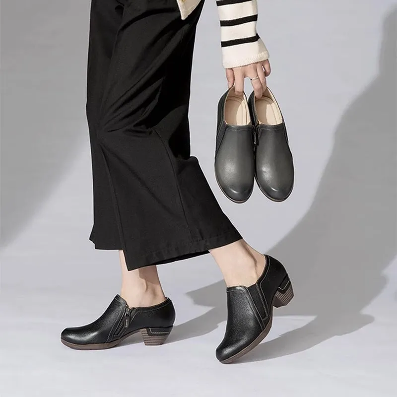 Size 15 Oxfords Women's Leather Booties Round Toe Block Heel Ankle Boots Handmade in Black/Gray