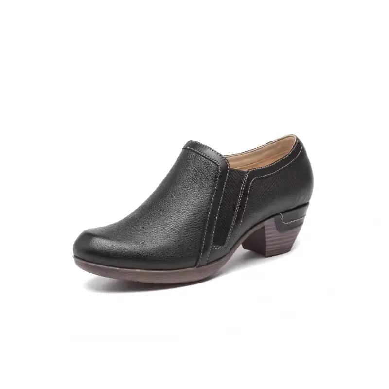 Oxfords Never Brogues Women's Leather Booties Round Toe Block Heel Ankle Boots Handmade in Black/Gray