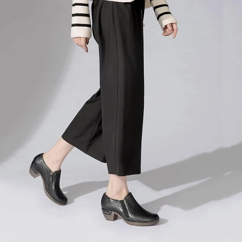 Women's Leather Booties Round Toe Block Heel Ankle Boots Handmade in Black/Gray Grammys Forum Oxfords Shoes