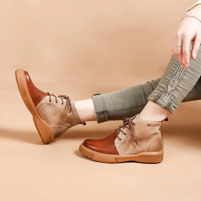 Womens Martin Boots Lace Up Vegetable Tanned Leather Ankle Boots in Coffee/Coffee Short Plush Volta Oxford Ms