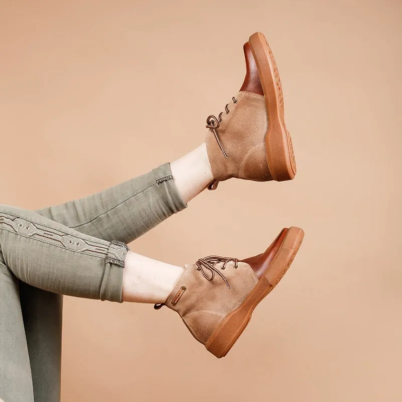 Womens Martin Boots Lace Up Vegetable Tanned Leather Ankle Boots in Coffee/Coffee Short Plush The Parlor Oxford