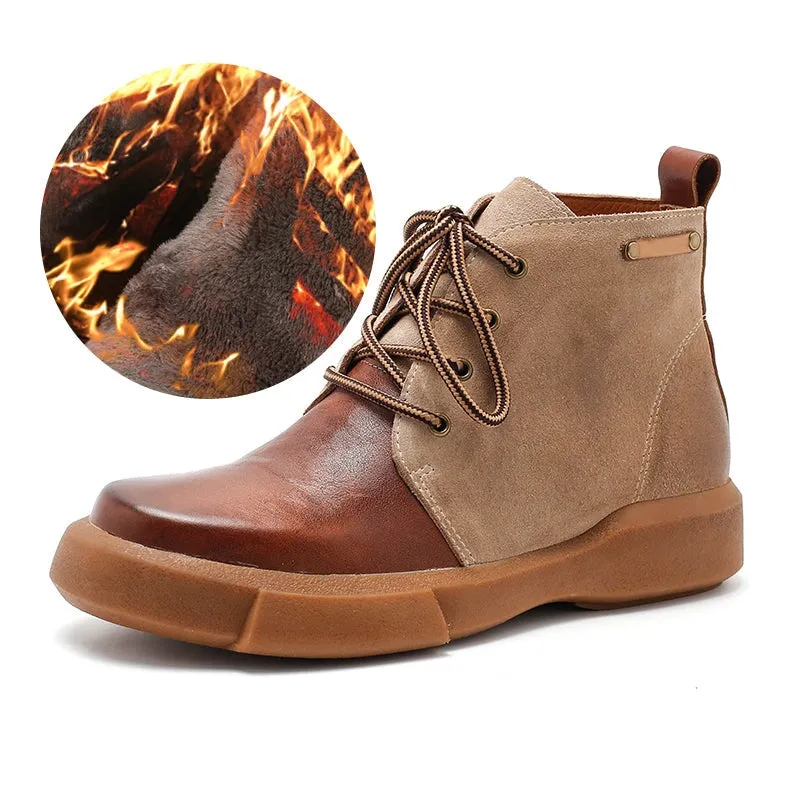 Womens Martin Boots Lace Up Vegetable Tanned Leather Ankle Boots in Coffee/Coffee Short Plush Platform Leather Oxfords