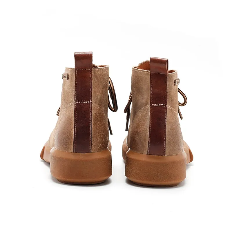 Oxford Casual Shoes Womens Martin Boots Lace Up Vegetable Tanned Leather Ankle Boots in Coffee/Coffee Short Plush