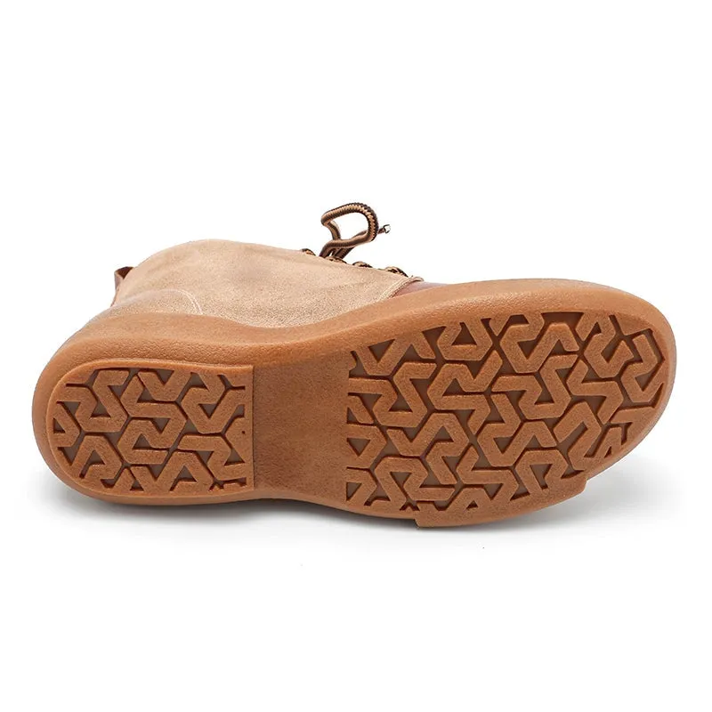 Womens Martin Boots Lace Up Vegetable Tanned Leather Ankle Boots in Coffee/Coffee Short Plush Hi-gloss Oxfords