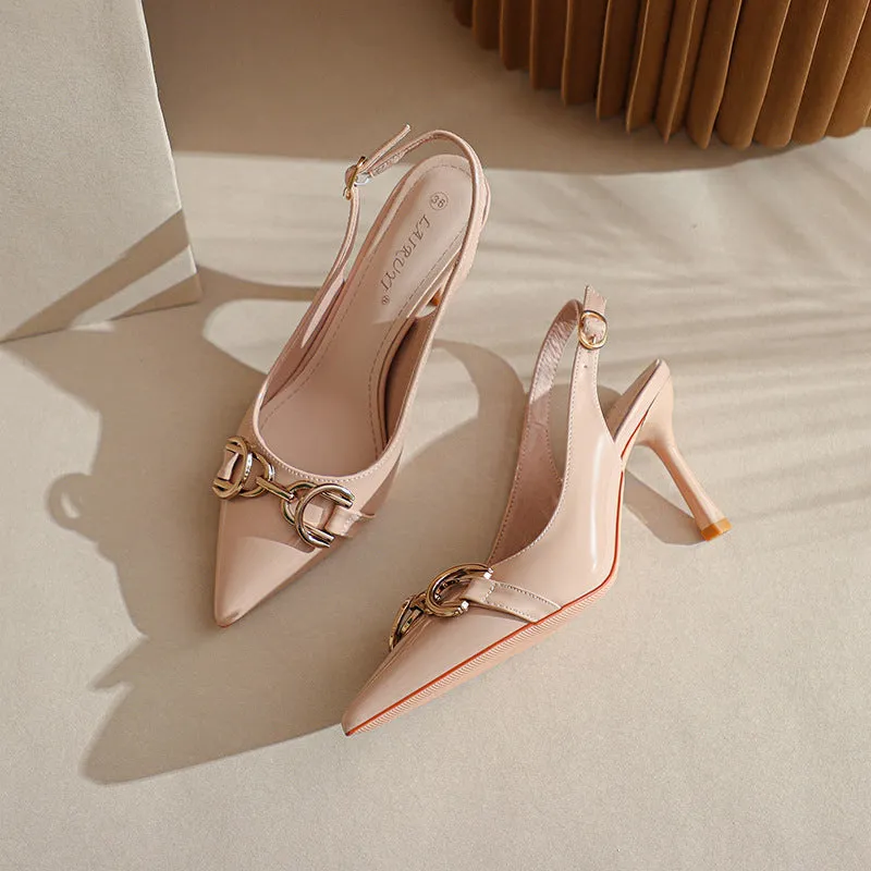 Sandals Pearl Women's Pointed Toe Metal Buckle Decoration Fine High Heeled Sandals