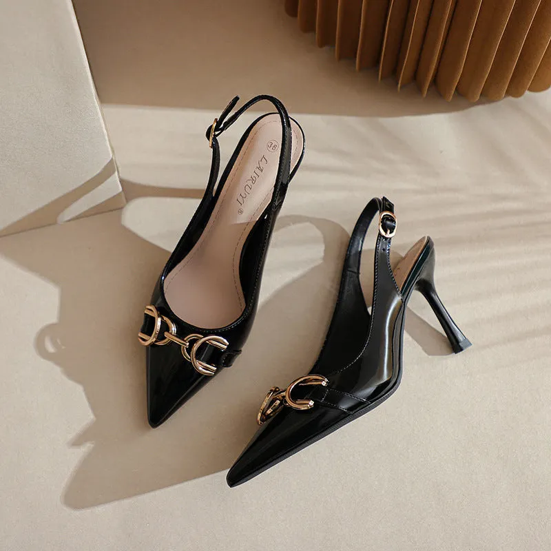 Discount Sandals Women's Pointed Toe Metal Buckle Decoration Fine High Heeled Sandals