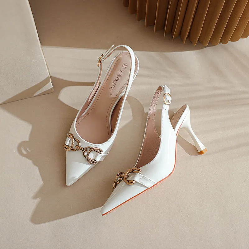 Cushionable Sandals Women's Pointed Toe Metal Buckle Decoration Fine High Heeled Sandals