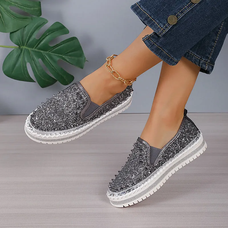 Loafers And Slacks Women's rivets rhinestone platform slip-ons for spring/summer