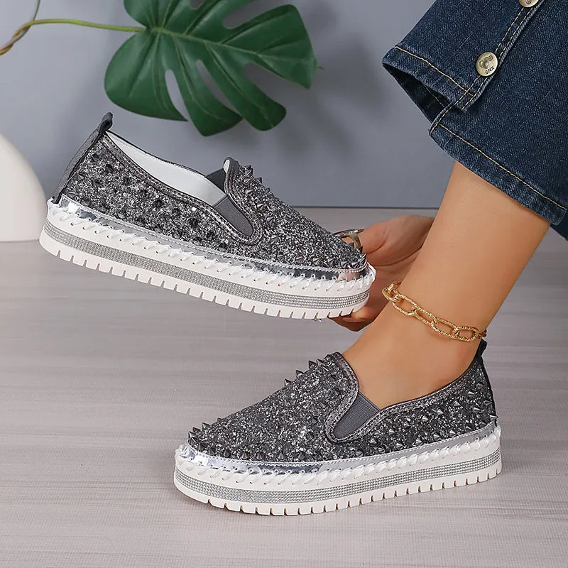 Fabric Loafers Women's rivets rhinestone platform slip-ons for spring/summer