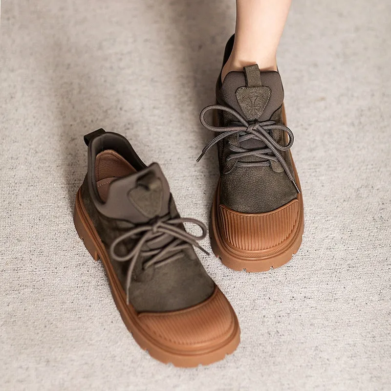 Ominous Platform Oxfords Women's Rubber Toe Low Lace-up Boot in Nubuck Leather in Brown/Gray