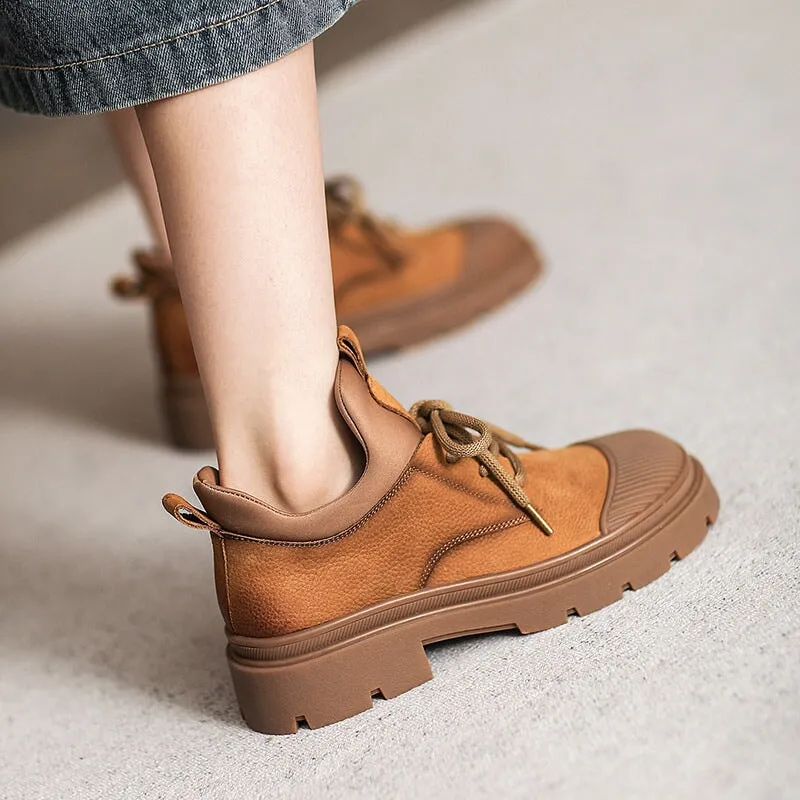 Women's Rubber Toe Low Lace-up Boot in Nubuck Leather in Brown/Gray Metallic Silver Oxford Shoes