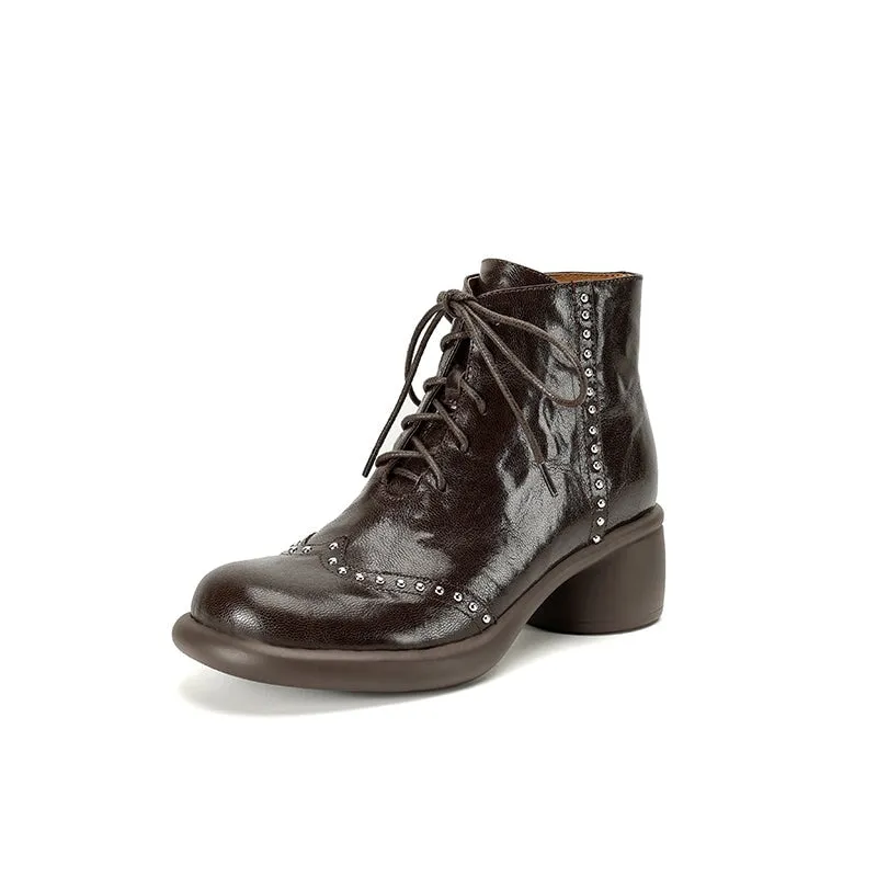 Go-to Wingtip Oxford Women's Soft Sheepskin Lace-Up Ankle Boots with Cylinder Heel and Studded Detail in Black/Brown
