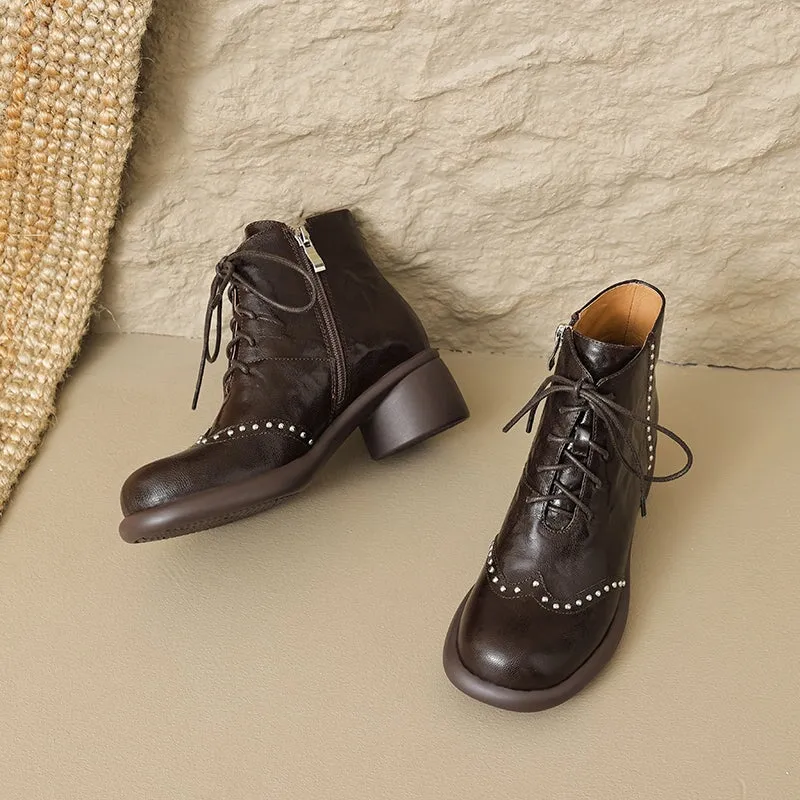 Women's Soft Sheepskin Lace-Up Ankle Boots with Cylinder Heel and Studded Detail in Black/Brown Straight Hem Oxford Shirt